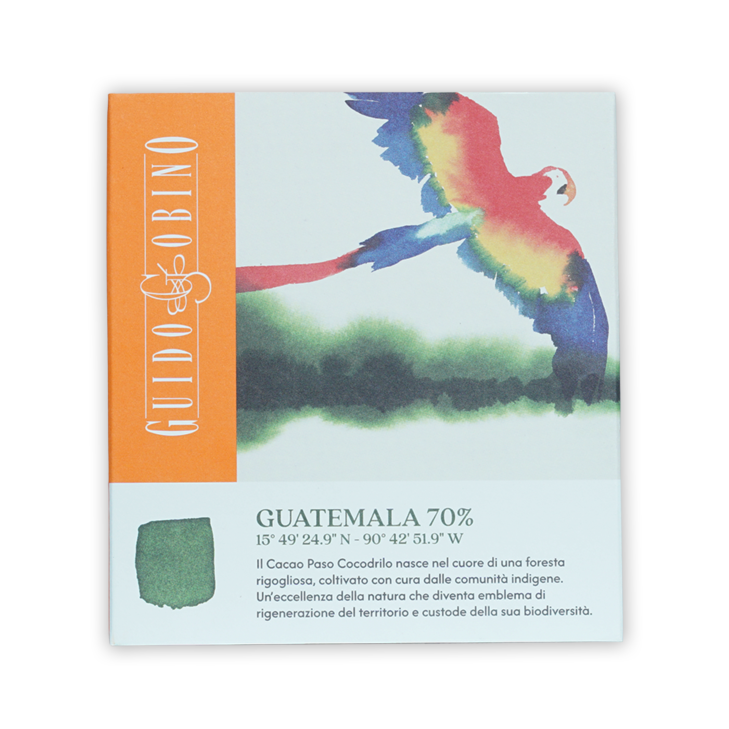 Guido Gobino Guatemala 70% dark chocolate bar with parrot design