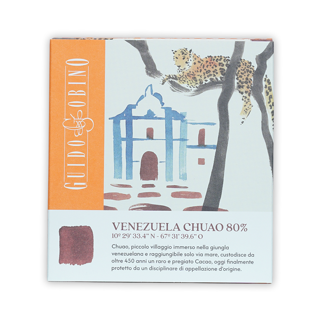 Guido Gobino Venezuela Chuao 80% dark chocolate bar in orange box with leopard