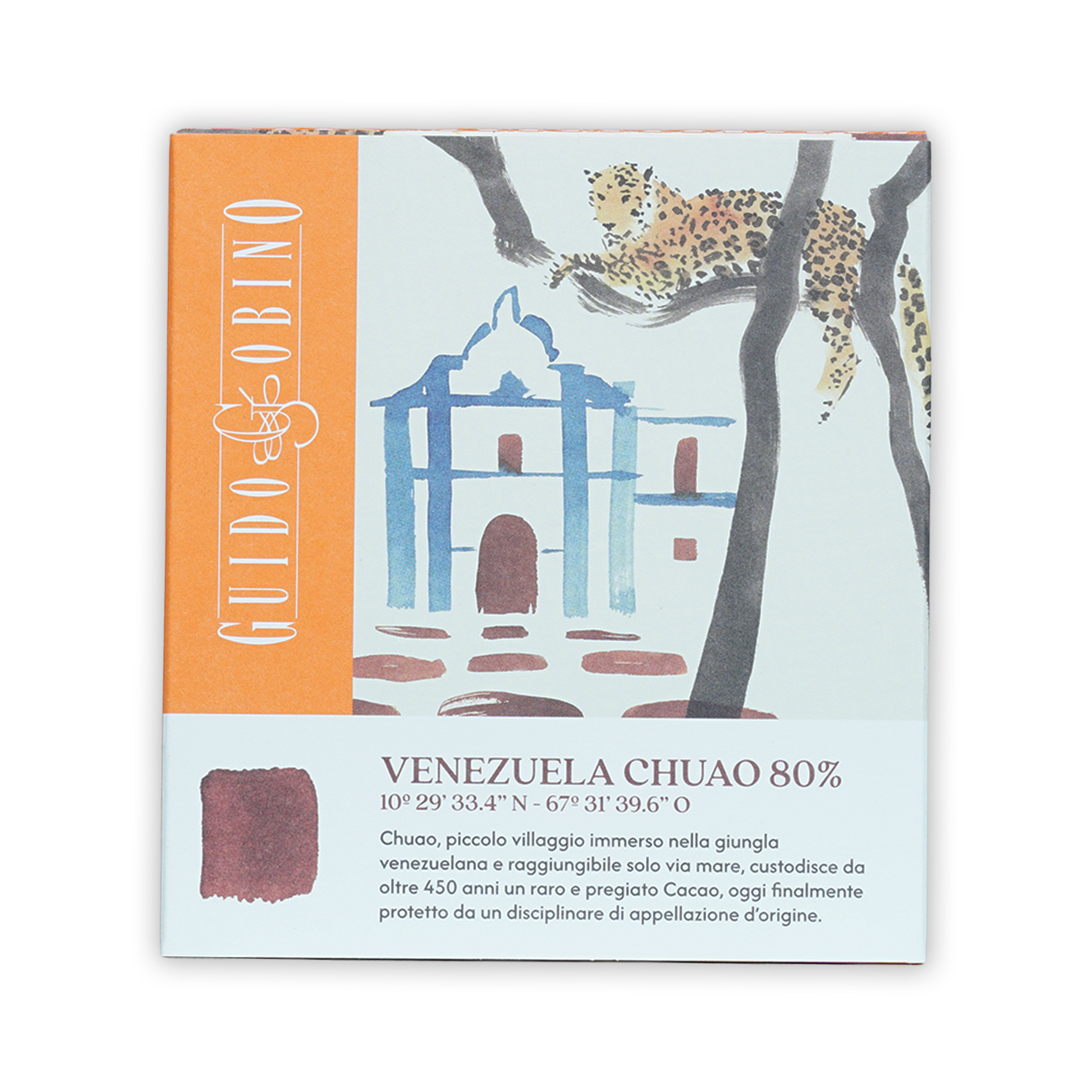 Guido Gobino Venezuela Chuao 80% dark chocolate bar in orange box with leopard