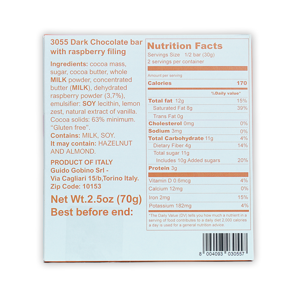 Guido Gobino 3055 dark chocolate bar with raspberry filling box back