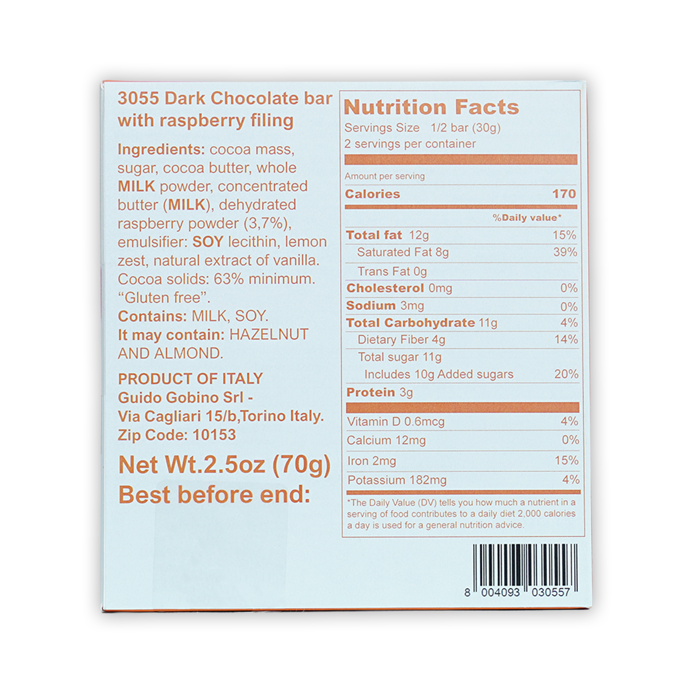 Guido Gobino 3055 dark chocolate bar with raspberry filling box back