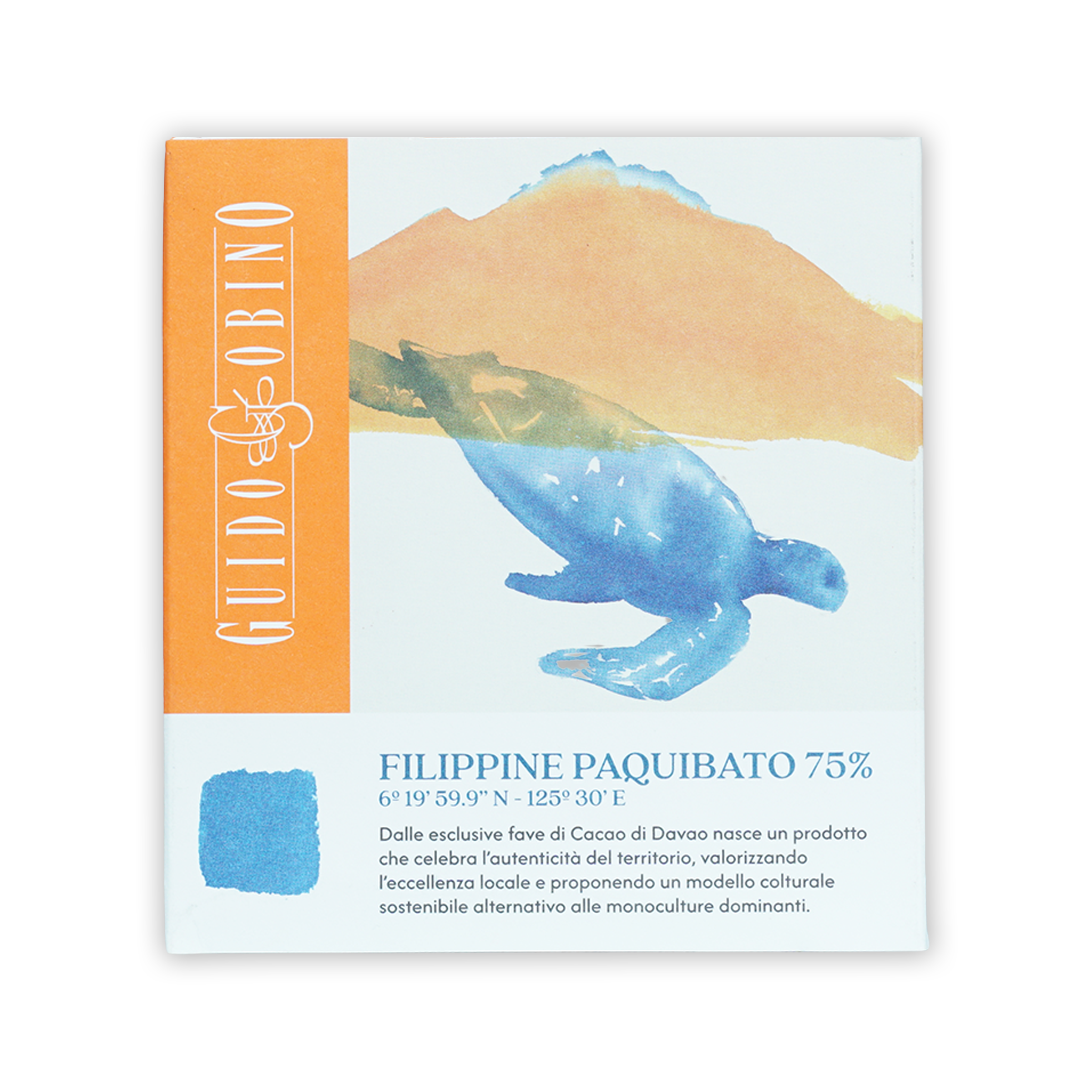 Blue watercolor sea turtle on Guido Gobino Philippine Paquibato 75% cacao box