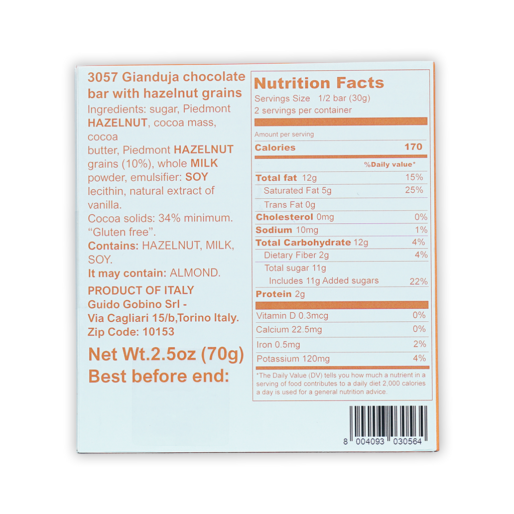 Guido Gobino gianduja chocolate bar 34% with hazelnuts, white box back with nutrition facts