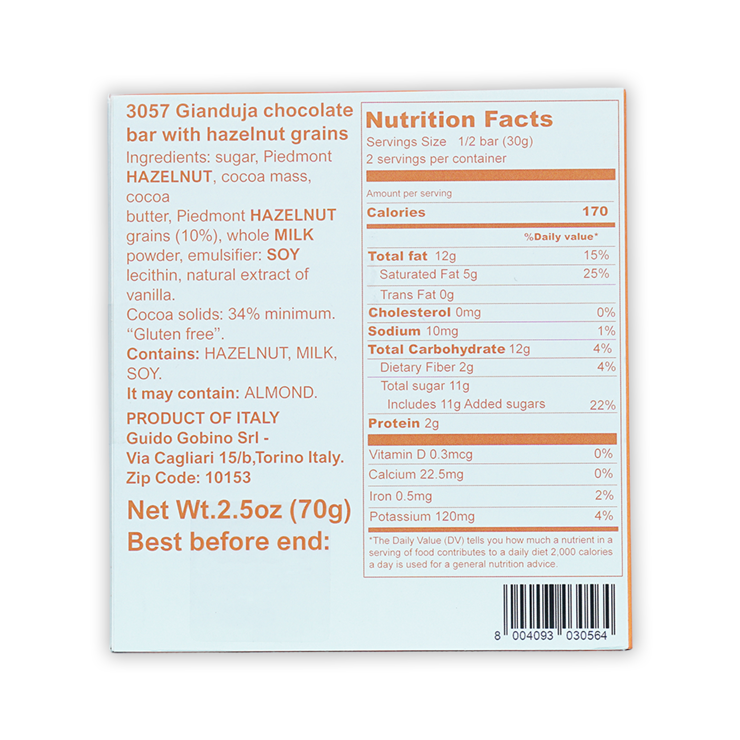 Guido Gobino gianduja chocolate bar 34% with hazelnuts, white box back with nutrition facts