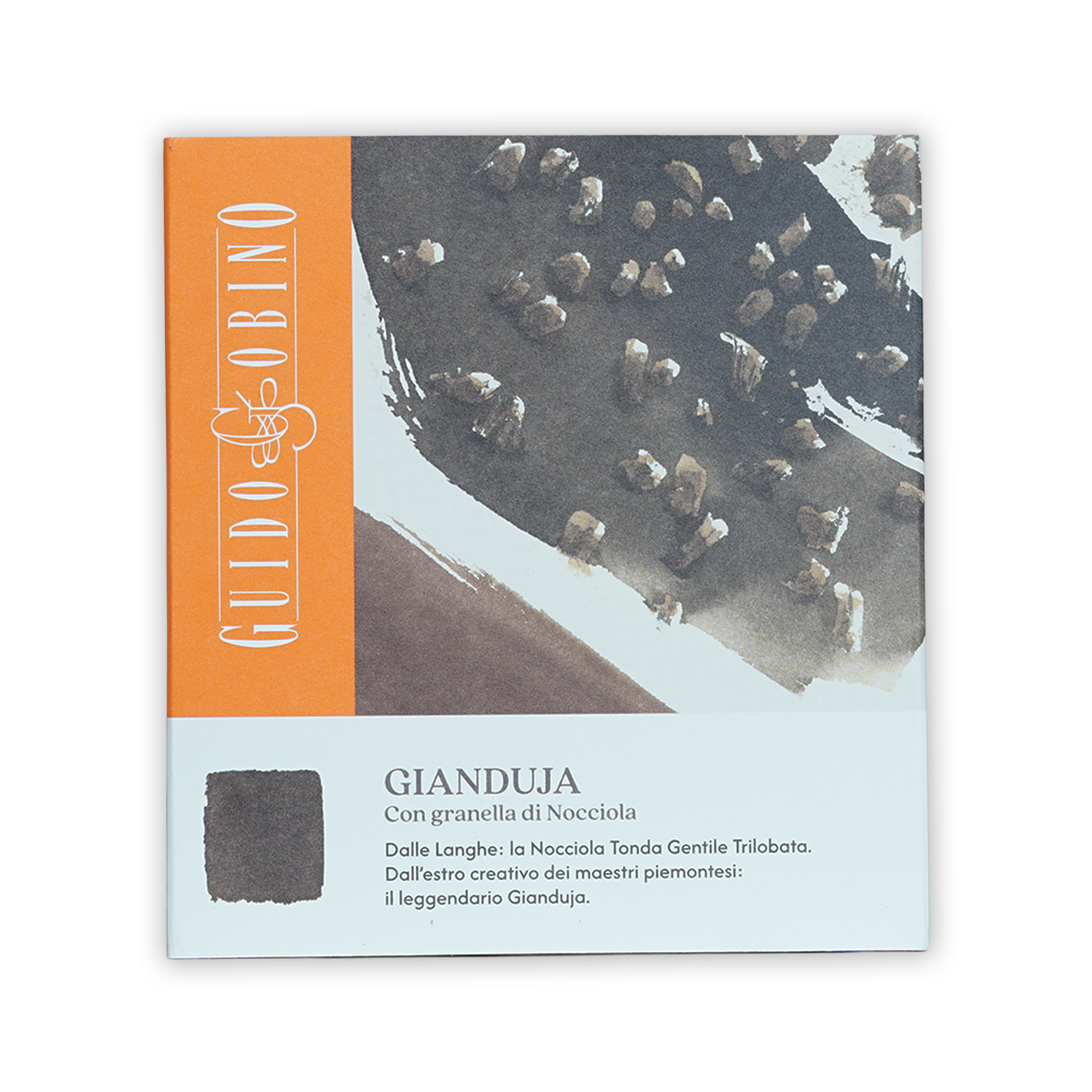 Guido Gobino gianduja with hazelnuts chocolate bar 34%, dark textured square package