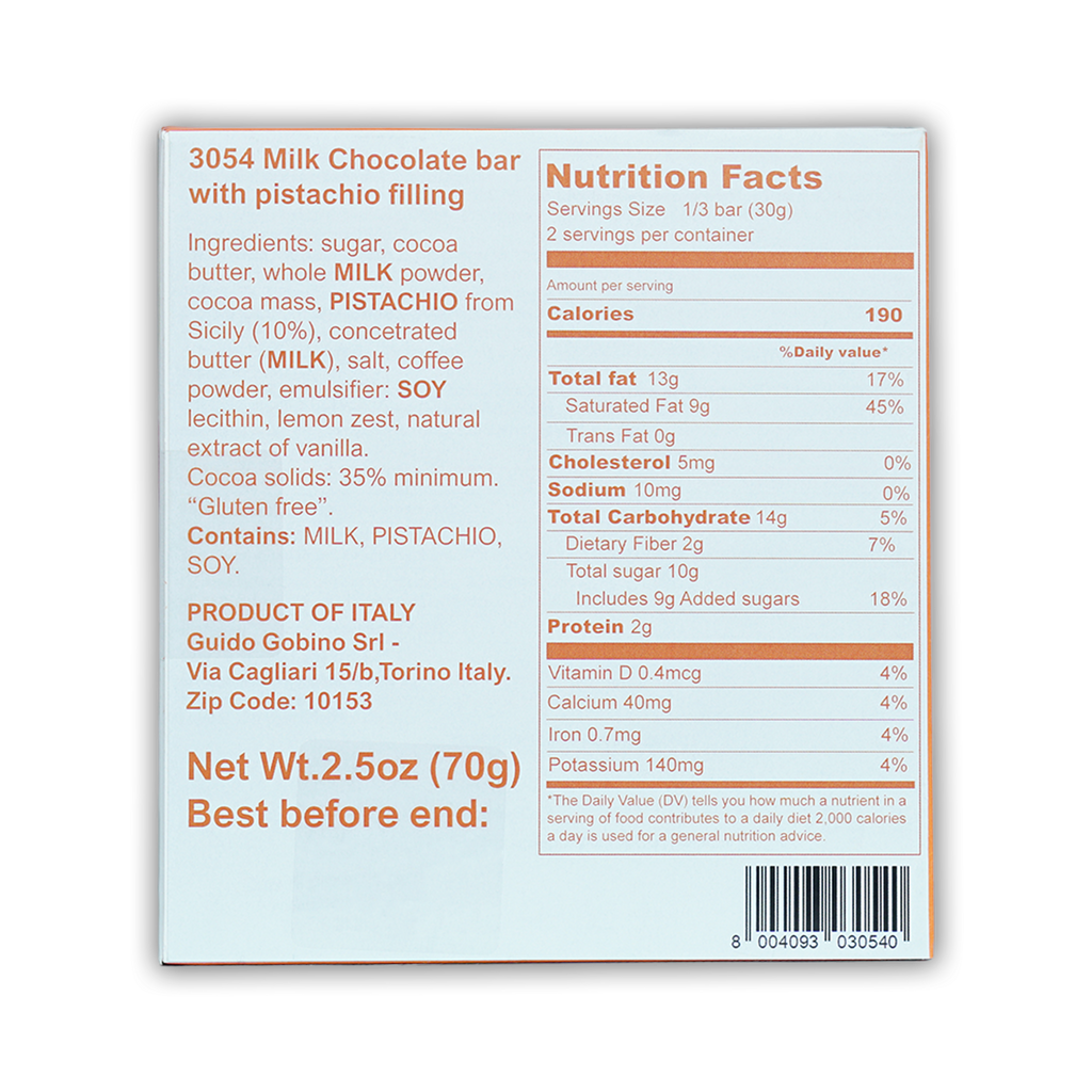 Guido Gobino 3054 milk chocolate pistachio praline bar back with nutrition