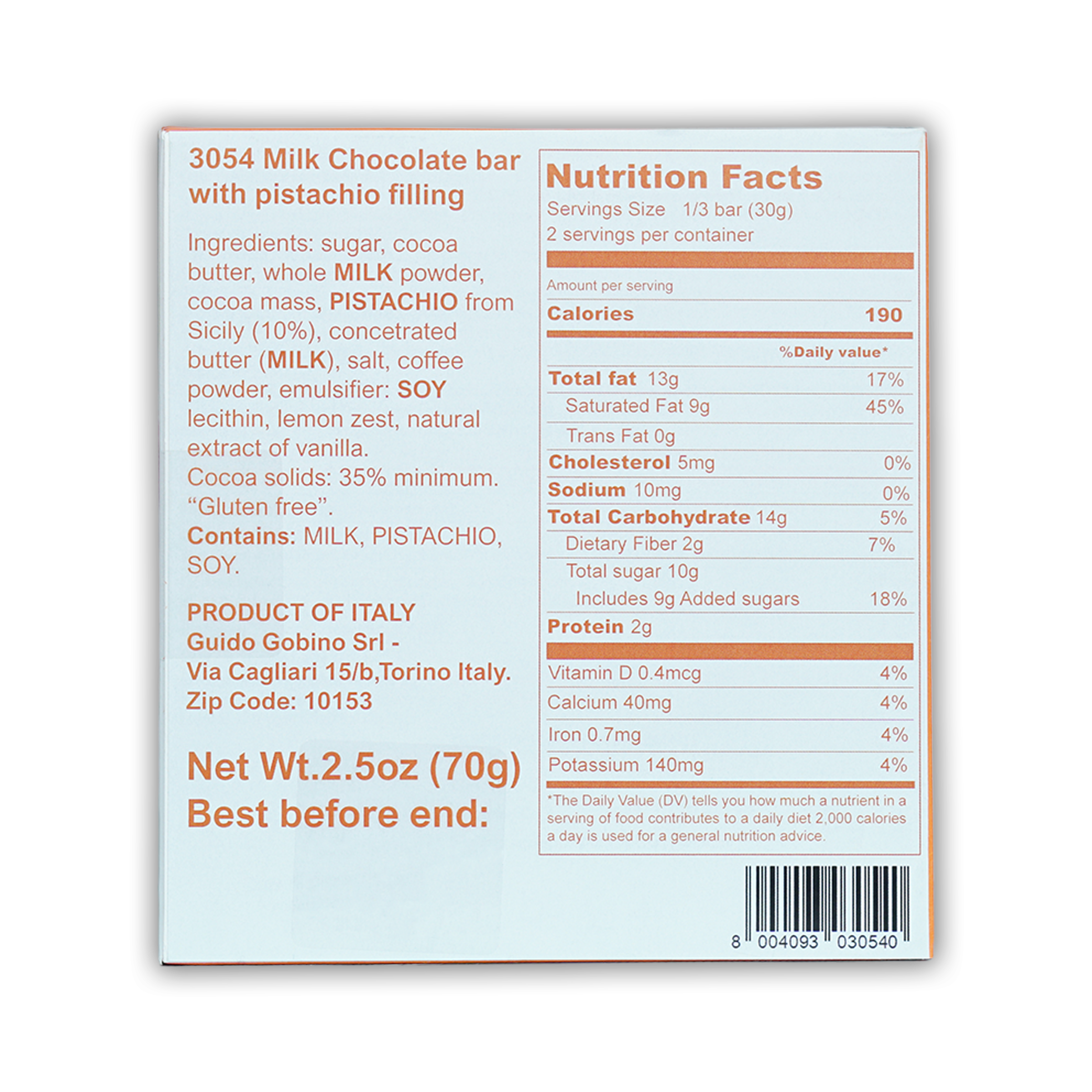 Guido Gobino 3054 milk chocolate pistachio praline bar back with nutrition