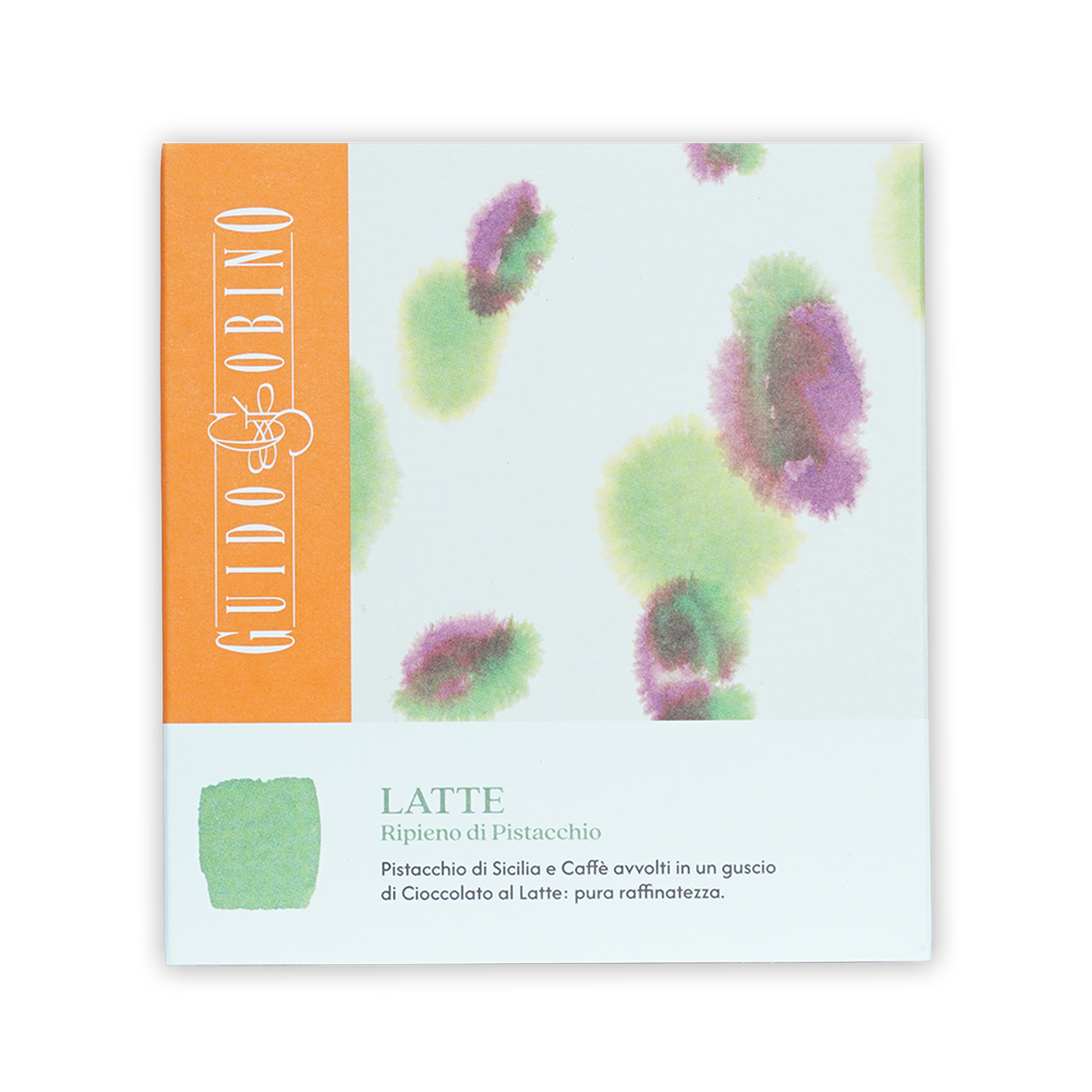 Guido Gobino milk chocolate bar with pistachio praline, white pack orange stripe splotches