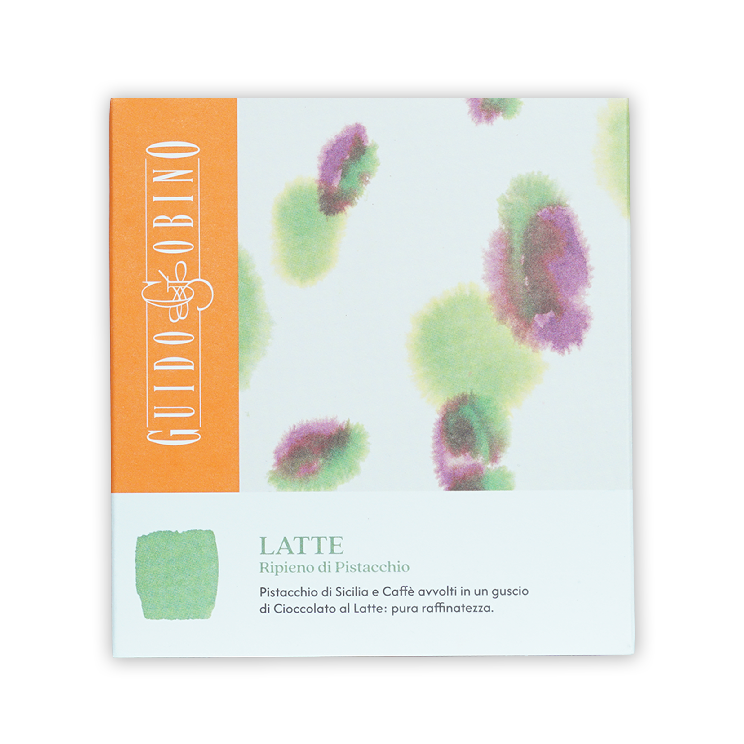 Guido Gobino milk chocolate bar with pistachio praline, white pack orange stripe splotches