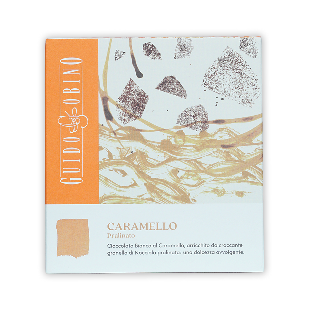 Guido Gobino white caramel praline chocolate bar in orange box