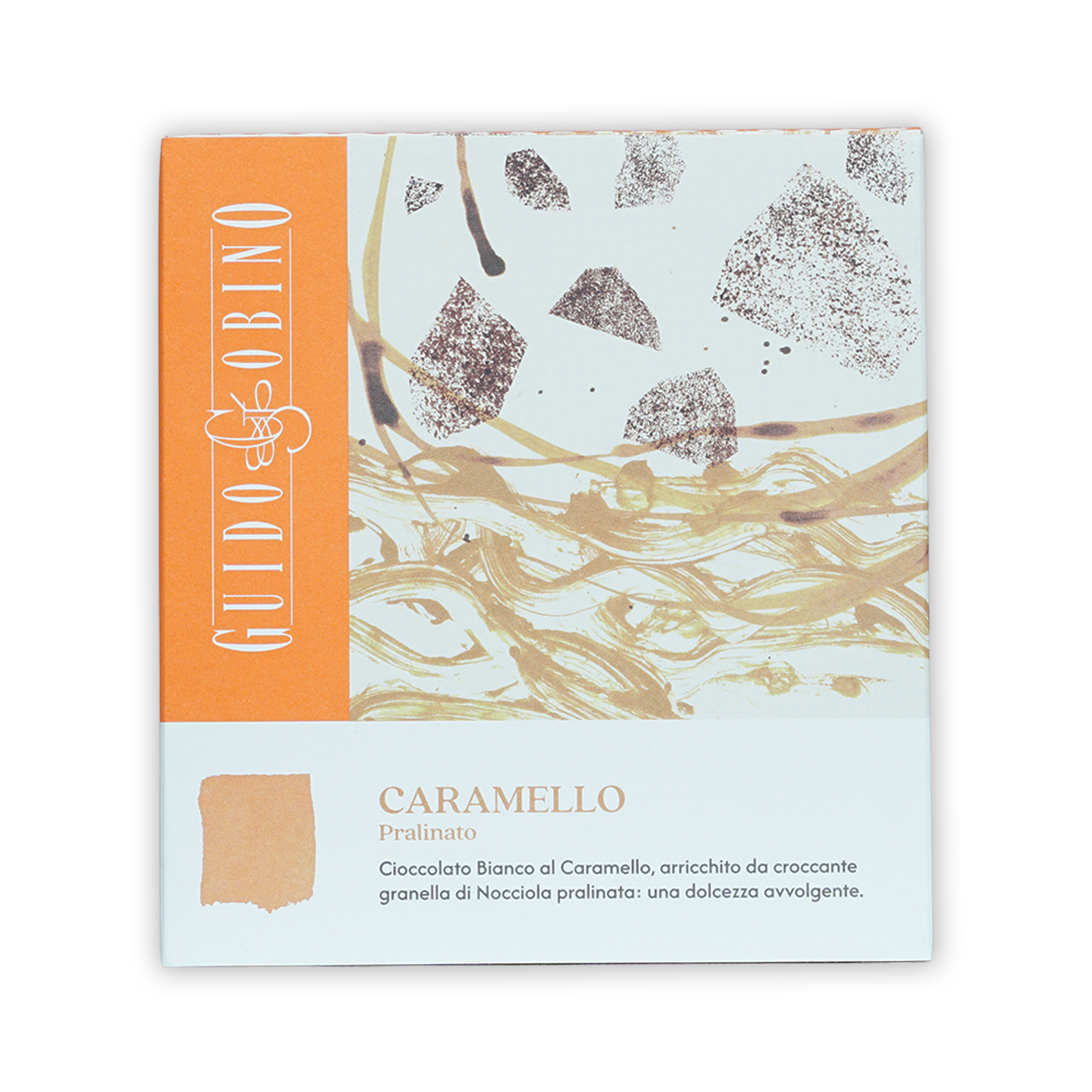 Guido Gobino white caramel praline chocolate bar in orange box