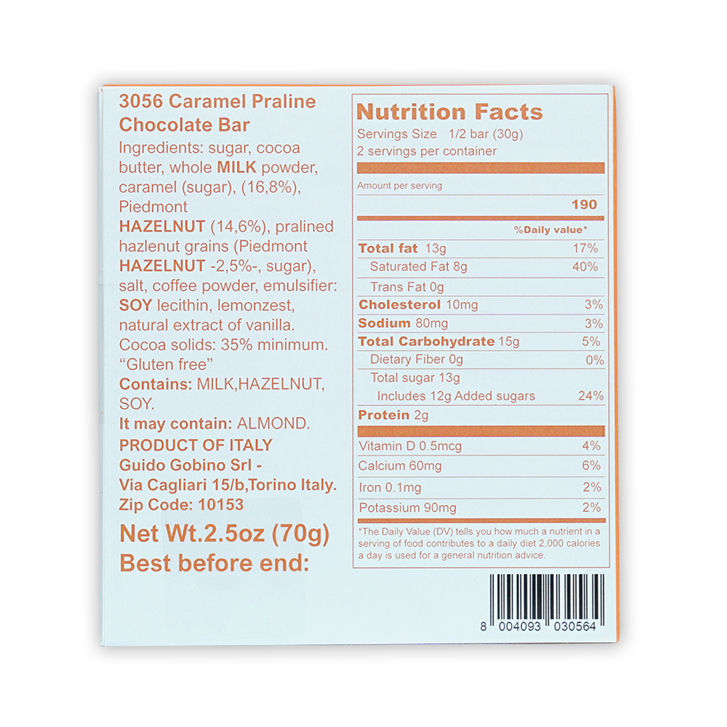Guido Gobino white caramel praline chocolate bar 35% back with nutrition facts