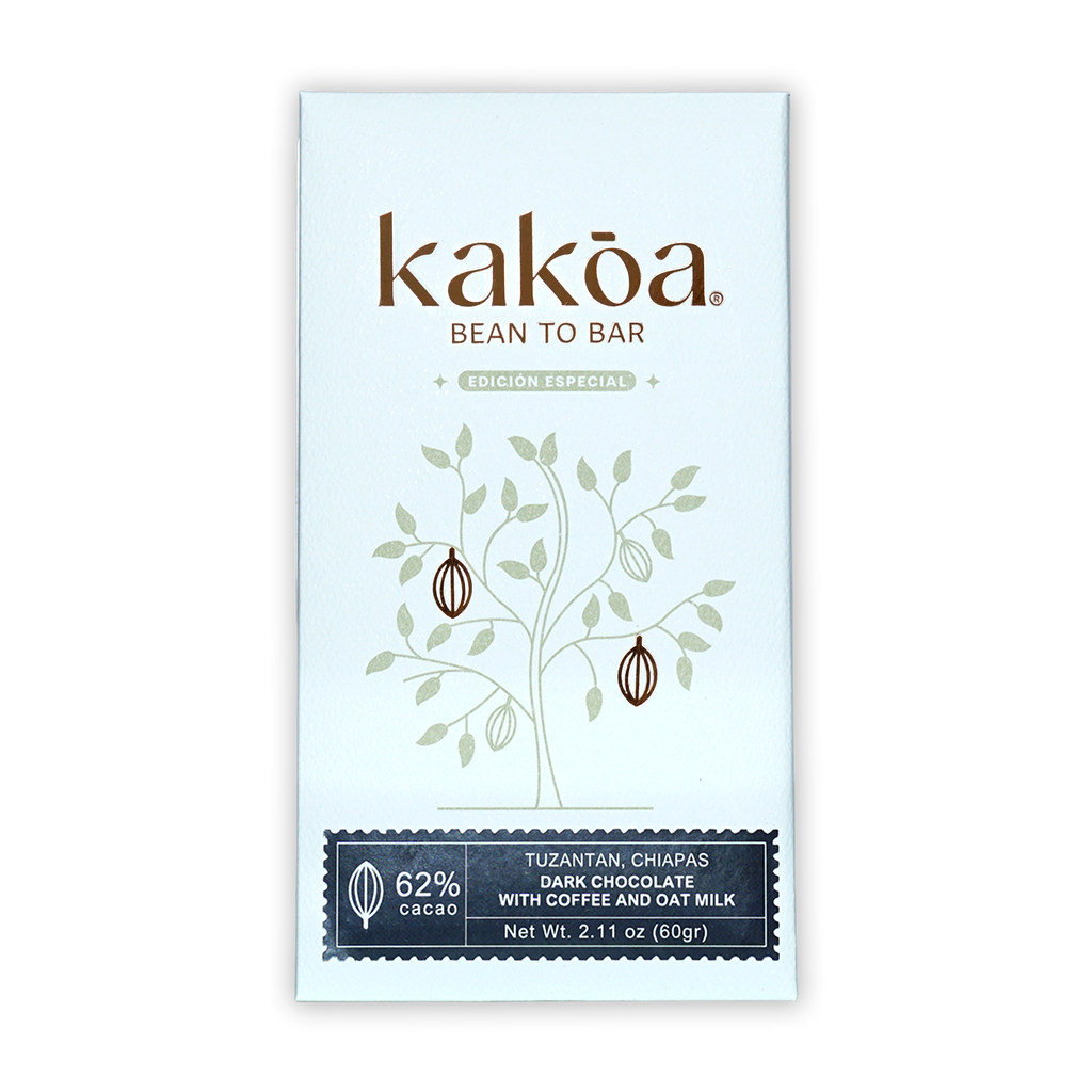 Kakoa 62% dark chocolate bar wrapper with coffee oat milk cacao pod design