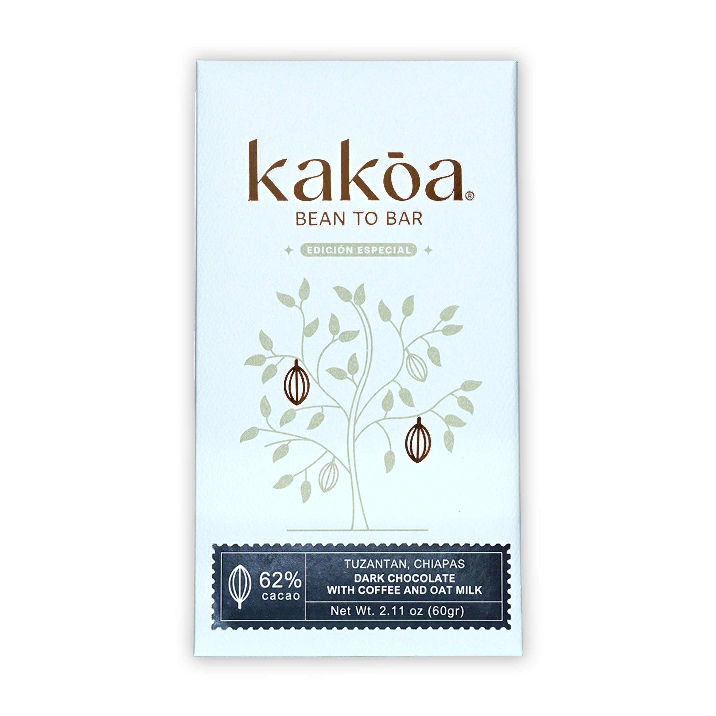 Kakoa 62% dark chocolate bar wrapper with coffee oat milk cacao pod design