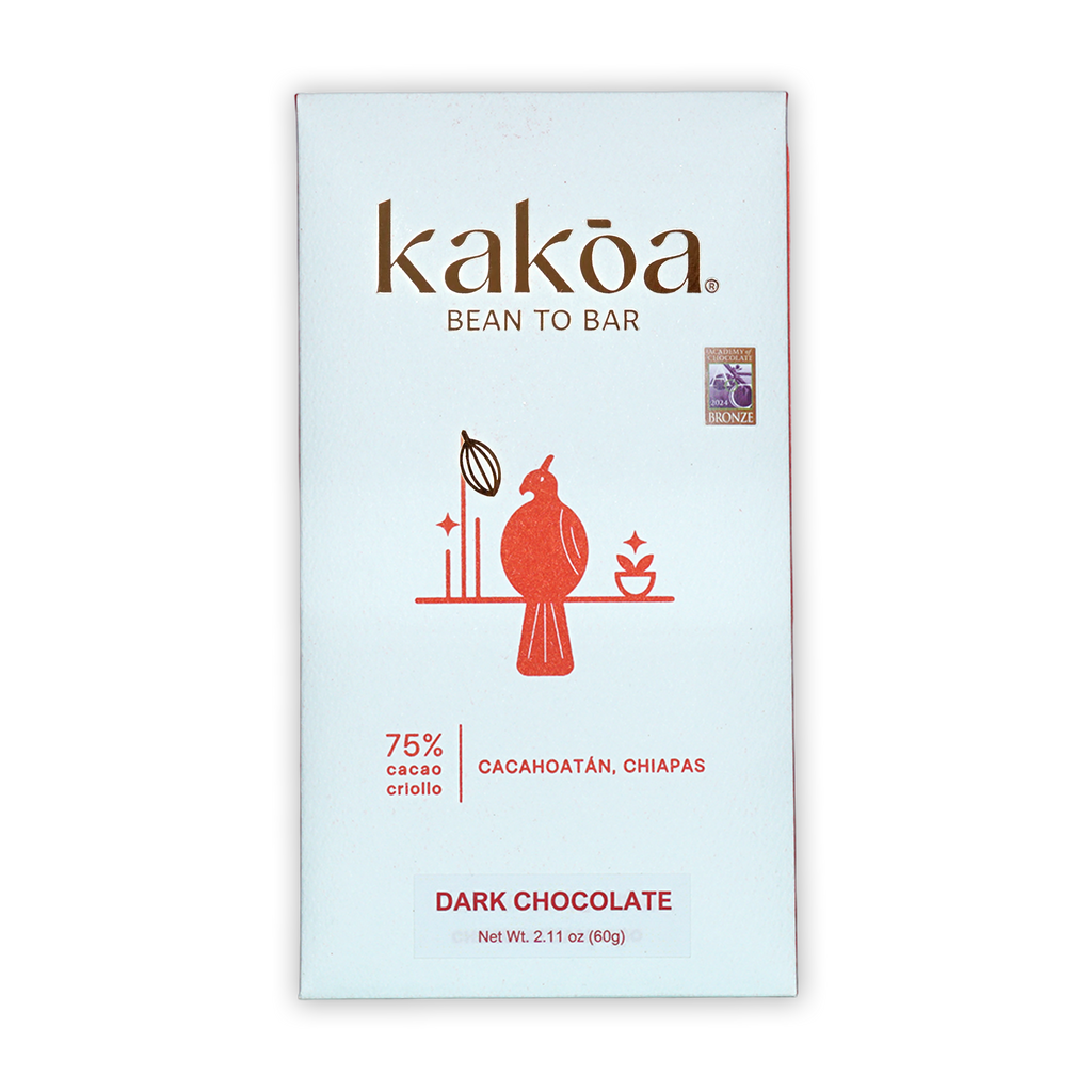 Kakoa Dark Chocolate Criollo Cacahoatan 75% white package with red bird illustration
