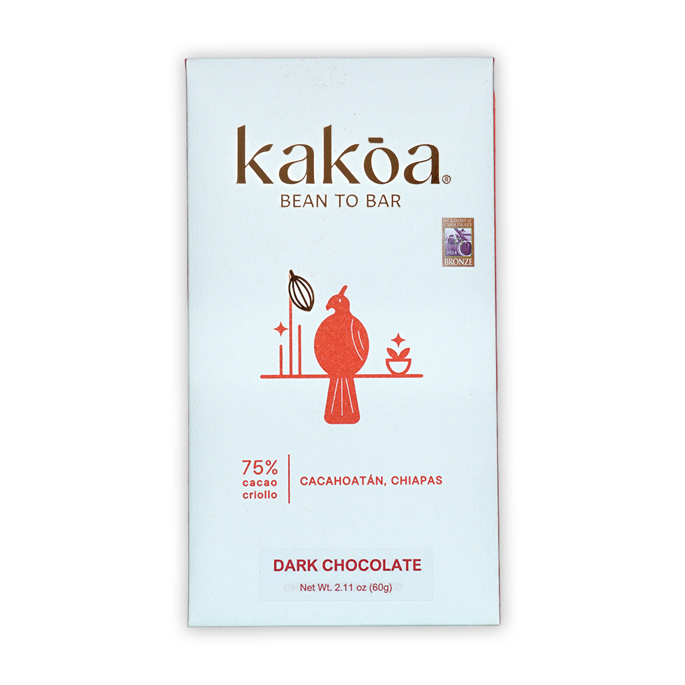 Kakoa Dark Chocolate Criollo Cacahoatan 75% white package with red bird illustration