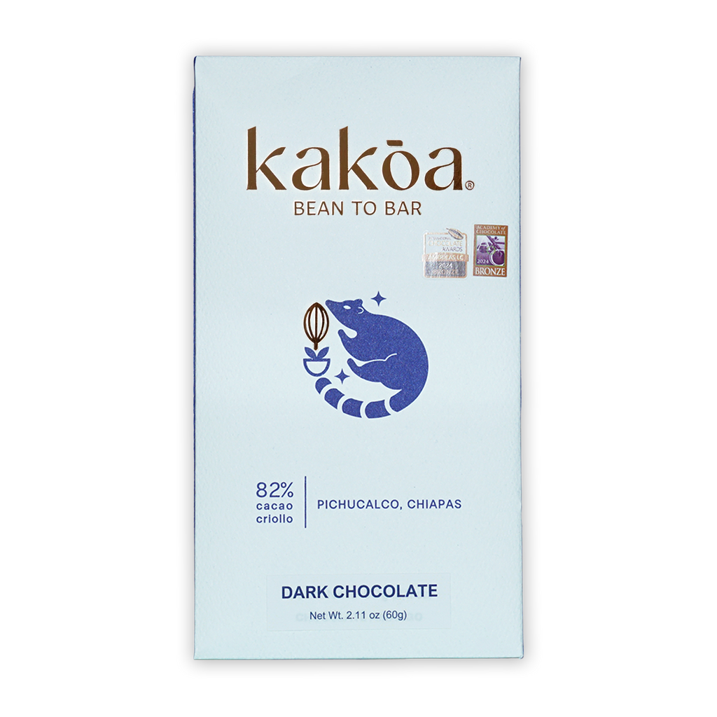 Kakoa Dark Chocolate Criollo Pichucalco 82% white package with blue raccoon logo