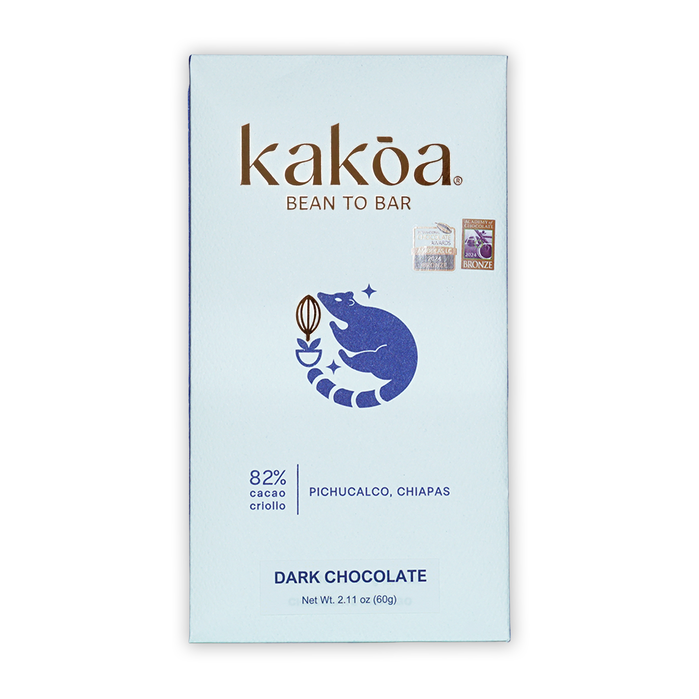 Kakoa Dark Chocolate Criollo Pichucalco 82% white package with blue raccoon logo