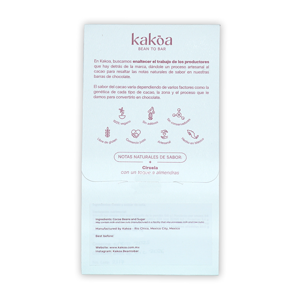 Kakoa Dark Chocolate Pichucalco 76% white vegan packaging with icons