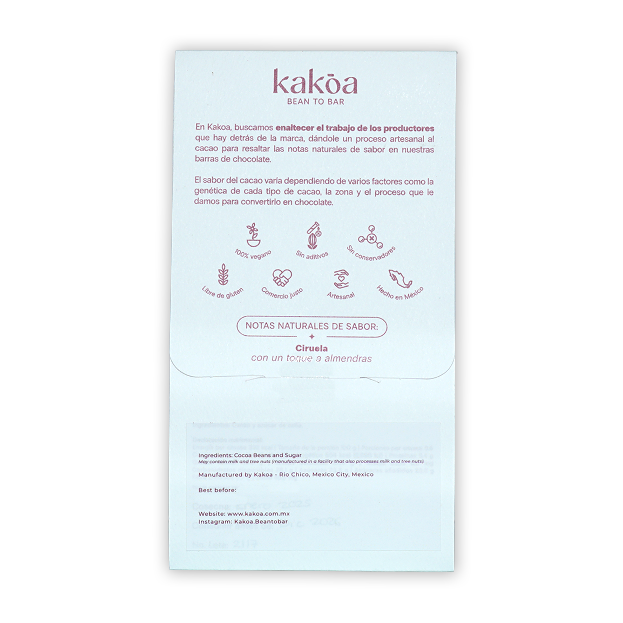 Kakoa Dark Chocolate Pichucalco 76% white vegan packaging with icons