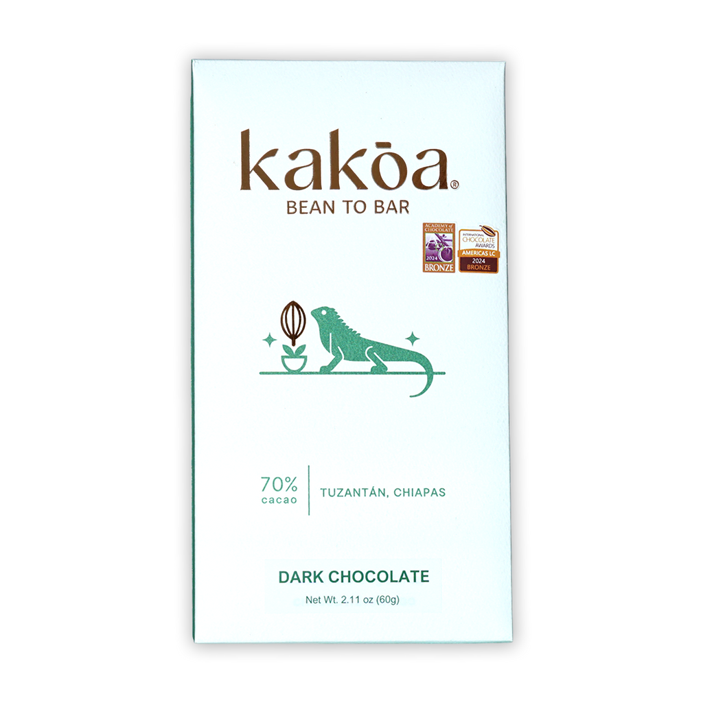 Kakoa Dark Chocolate Tuzantan Chiapas 70% with green iguana