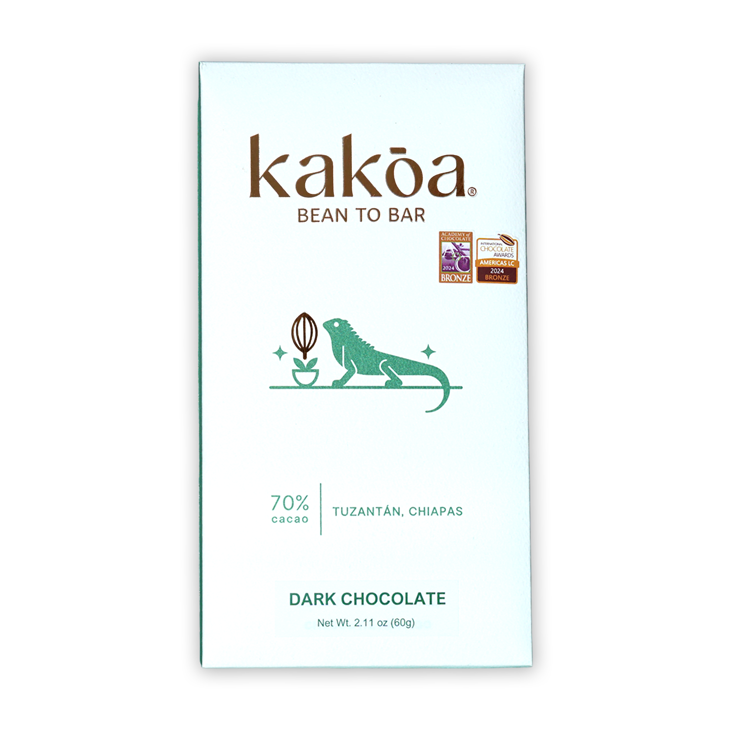 Kakoa Dark Chocolate Tuzantan Chiapas 70% with green iguana
