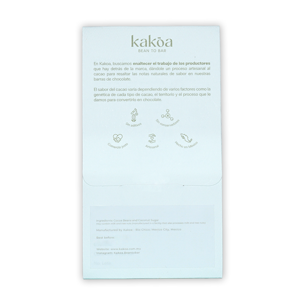 Kakoa 68% dark chocolate with coconut sugar white minimalist packaging