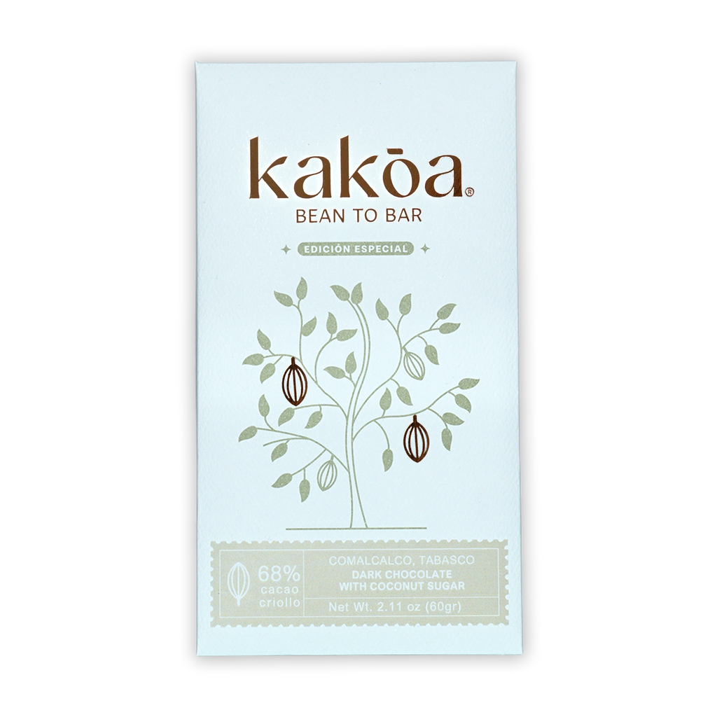 Kakoa 68% dark chocolate bar wrapper with cocoa tree and edición especial