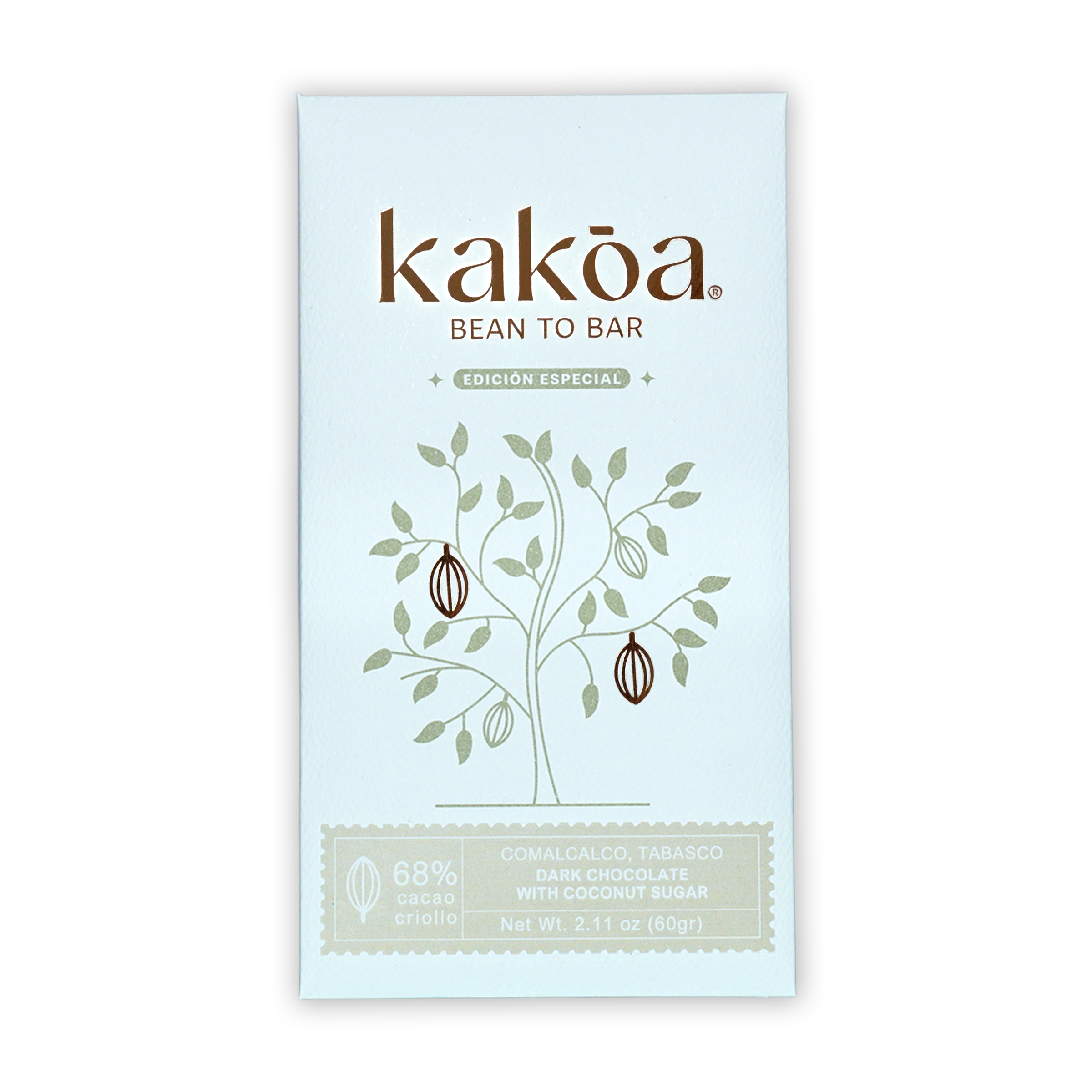 Kakoa 68% dark chocolate bar wrapper with cocoa tree and edición especial