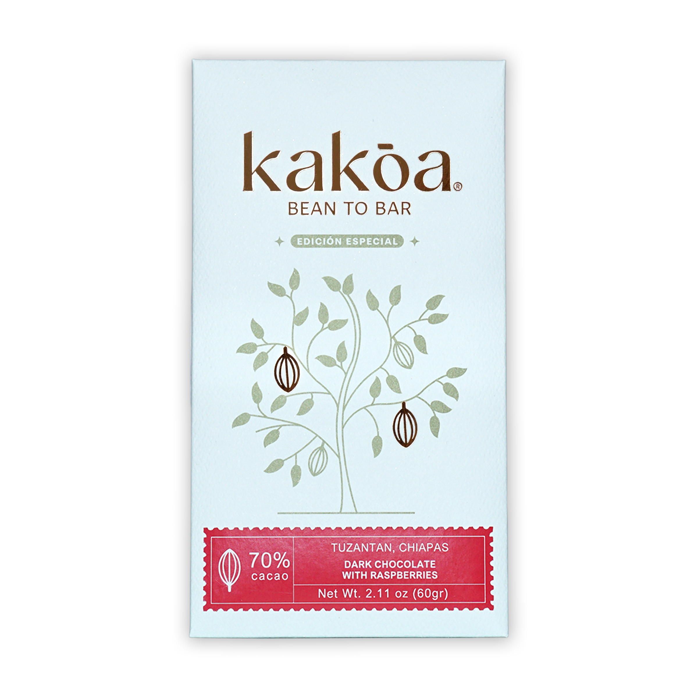 Kakoa Dark Chocolate with Raspberry 70% bar, white red package with cocoa pods
