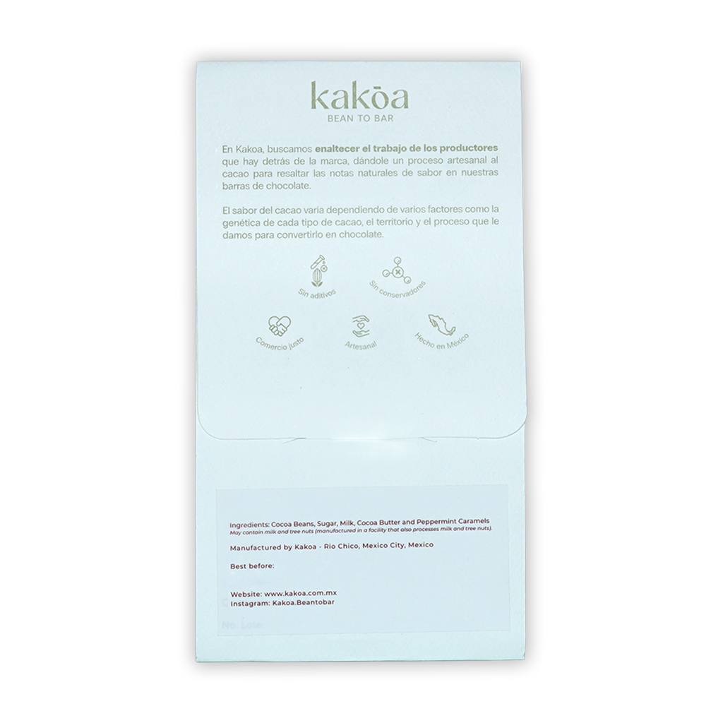 Kakoa Milk Chocolate w/ Mint Caramel 60% light blue wrapper back with Spanish text