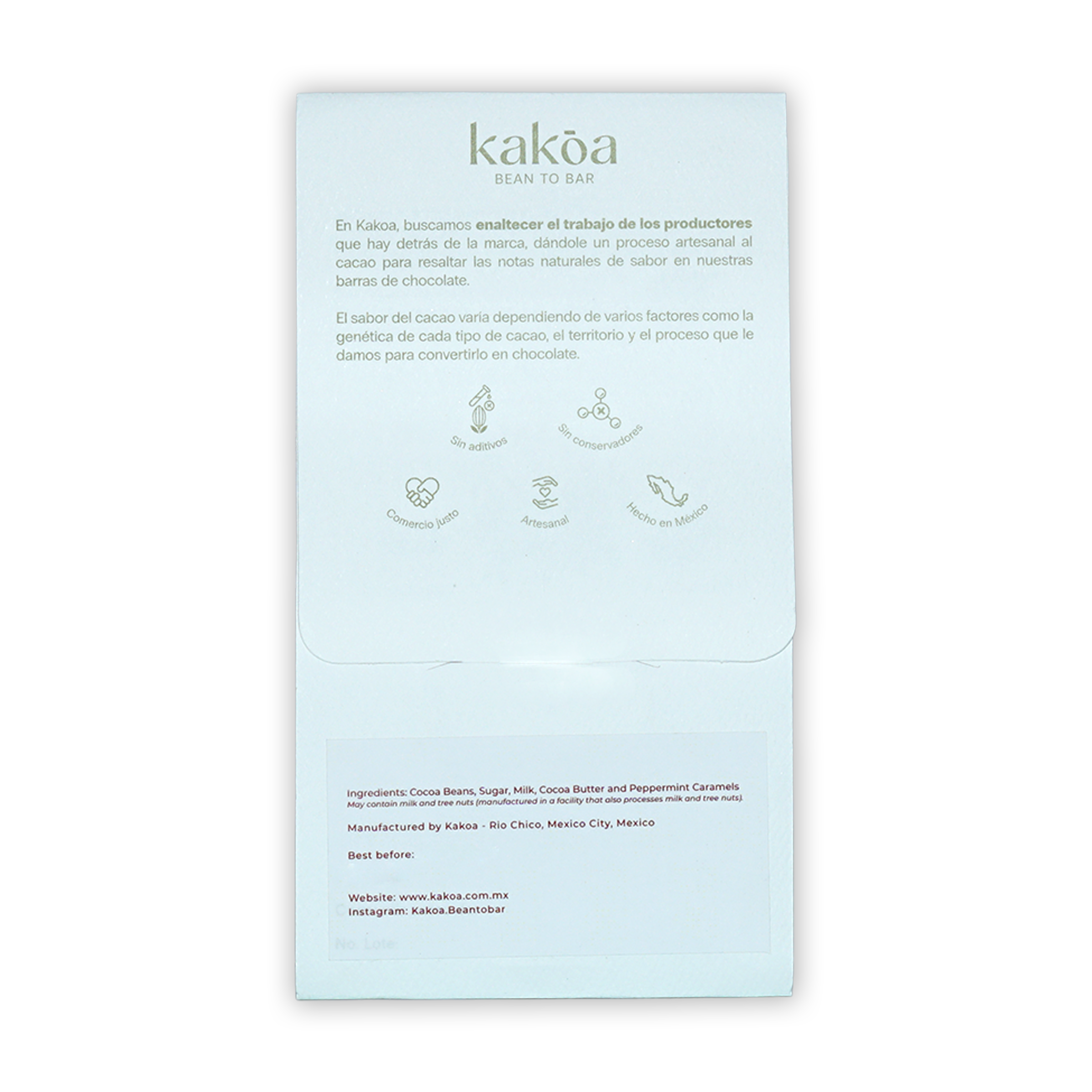 Kakoa Milk Chocolate w/ Mint Caramel 60% light blue wrapper back with Spanish text