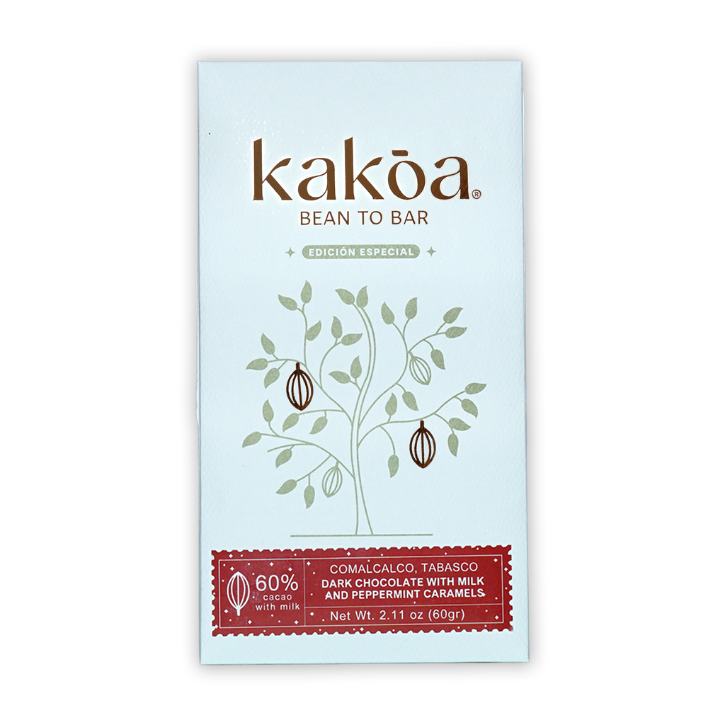 Kakoa 60% milk chocolate with mint caramel, bean-to-bar, minimalist cocoa tree design