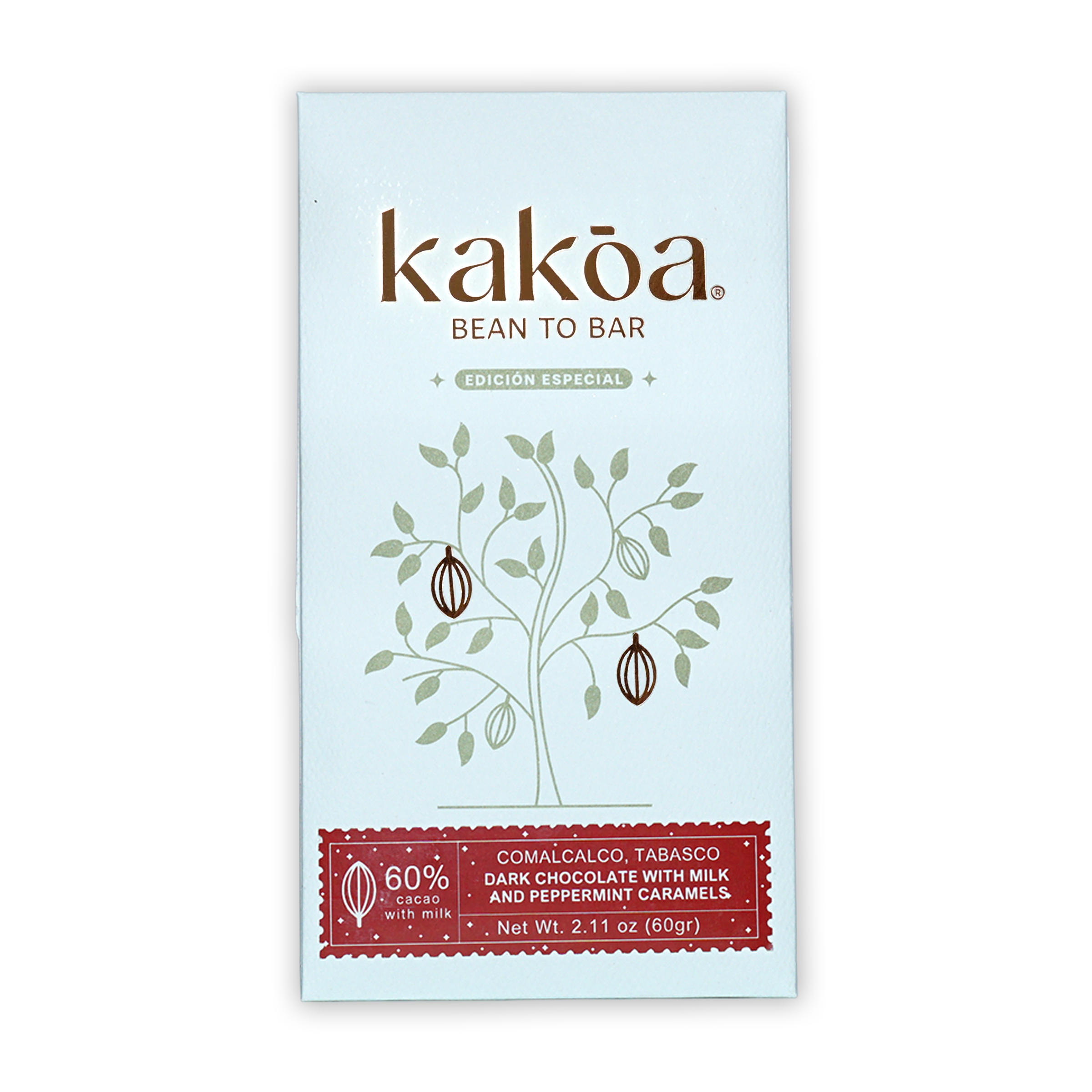 Kakoa 60% milk chocolate with mint caramel, bean-to-bar, minimalist cocoa tree design