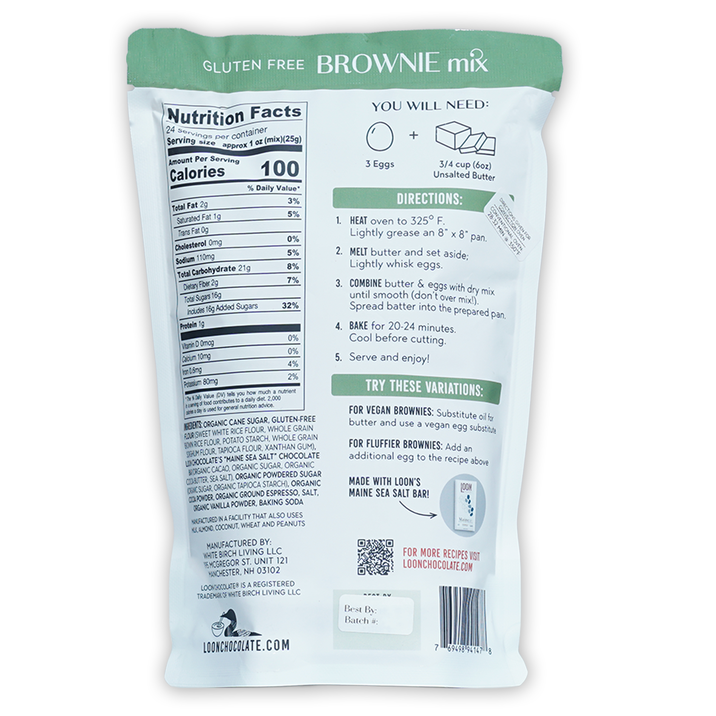 Loon Chocolate gluten-free brownie mix in white green package