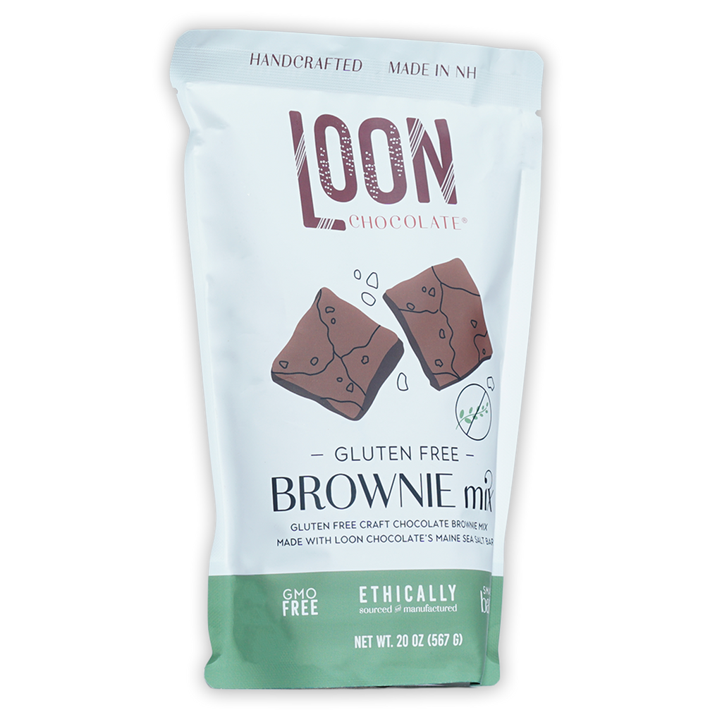 Loon Chocolate gluten-free brownie mix white green pouch with chocolate illustrations