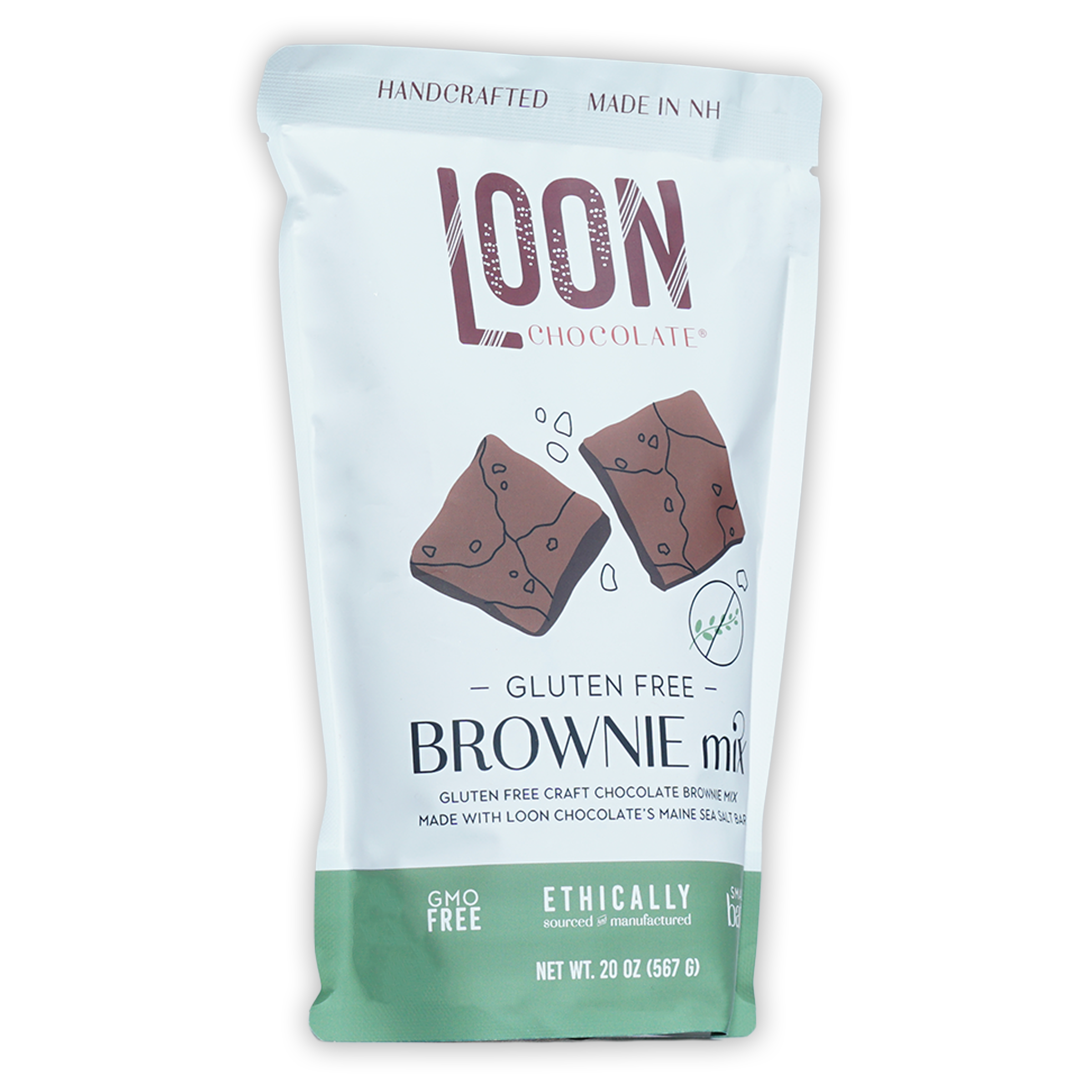 Loon Chocolate gluten-free brownie mix white green pouch with chocolate illustrations