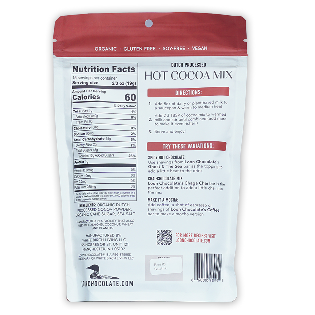 Red and white Loon Chocolate Dutch processed hot cocoa mix pouch