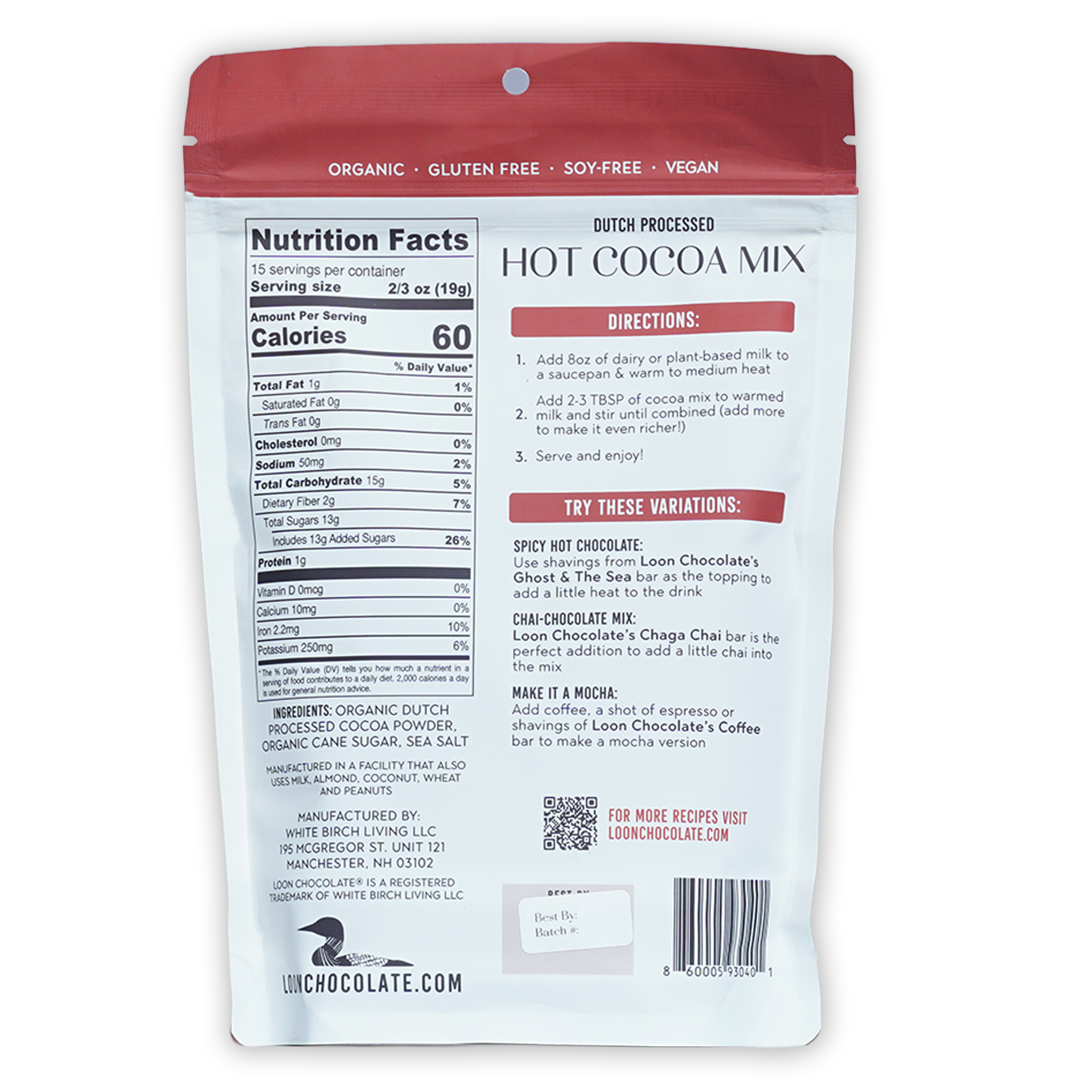 Red and white Loon Chocolate Dutch processed hot cocoa mix pouch