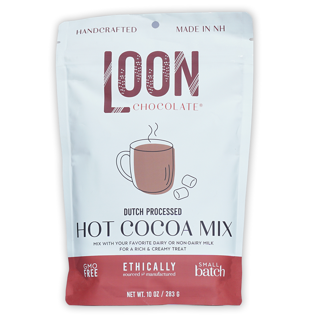 Loon Chocolate Dutch processed hot cocoa mix pouch with steaming mug