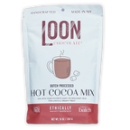 Loon Chocolate Dutch processed hot cocoa mix pouch with steaming mug