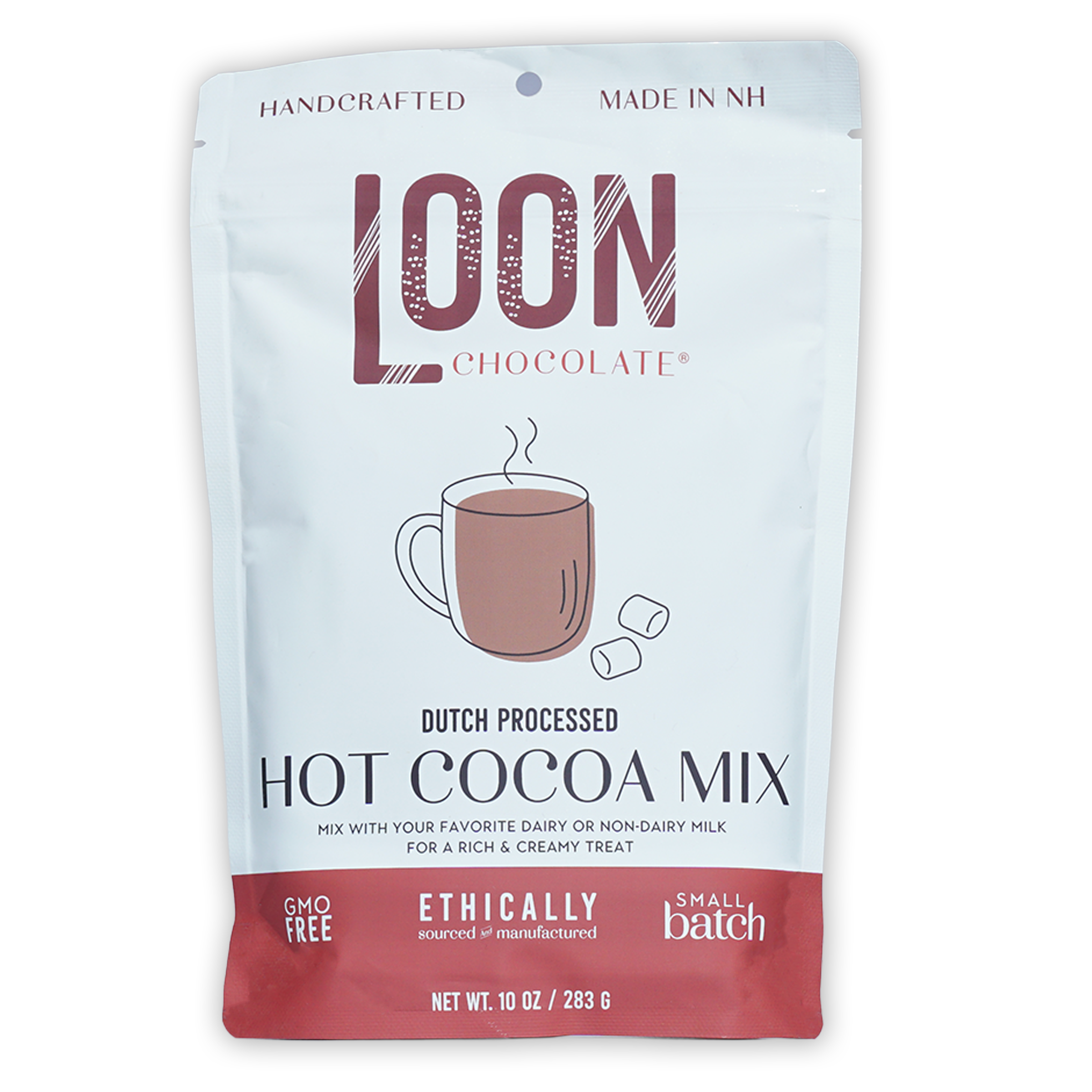 Loon Chocolate Dutch processed hot cocoa mix pouch with steaming mug