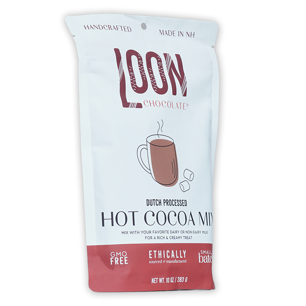 Loon Chocolate dutch processed hot cocoa mix white red pouch with steaming mug
