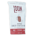Loon Chocolate dutch processed hot cocoa mix white red pouch with steaming mug