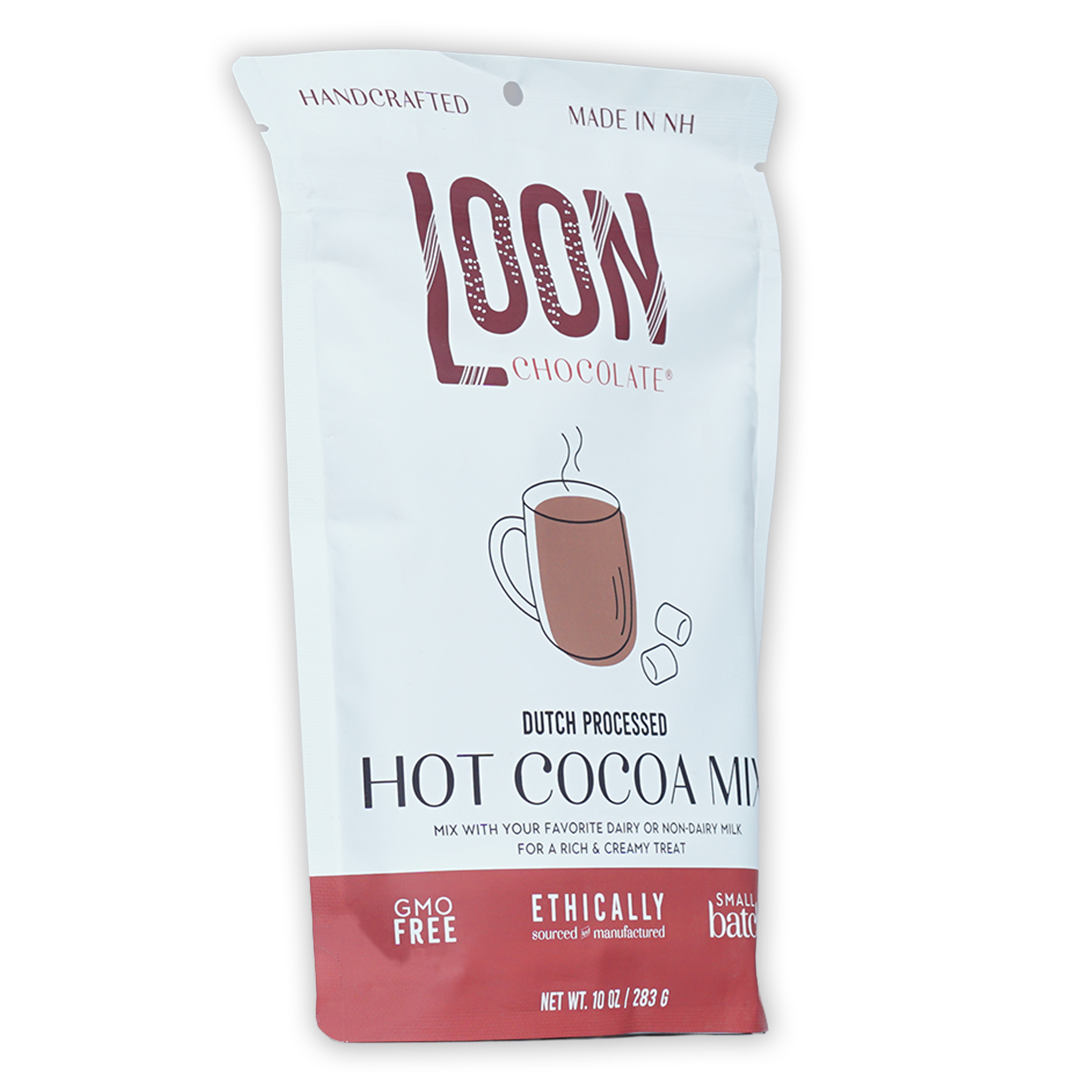 Loon Chocolate dutch processed hot cocoa mix white red pouch with steaming mug
