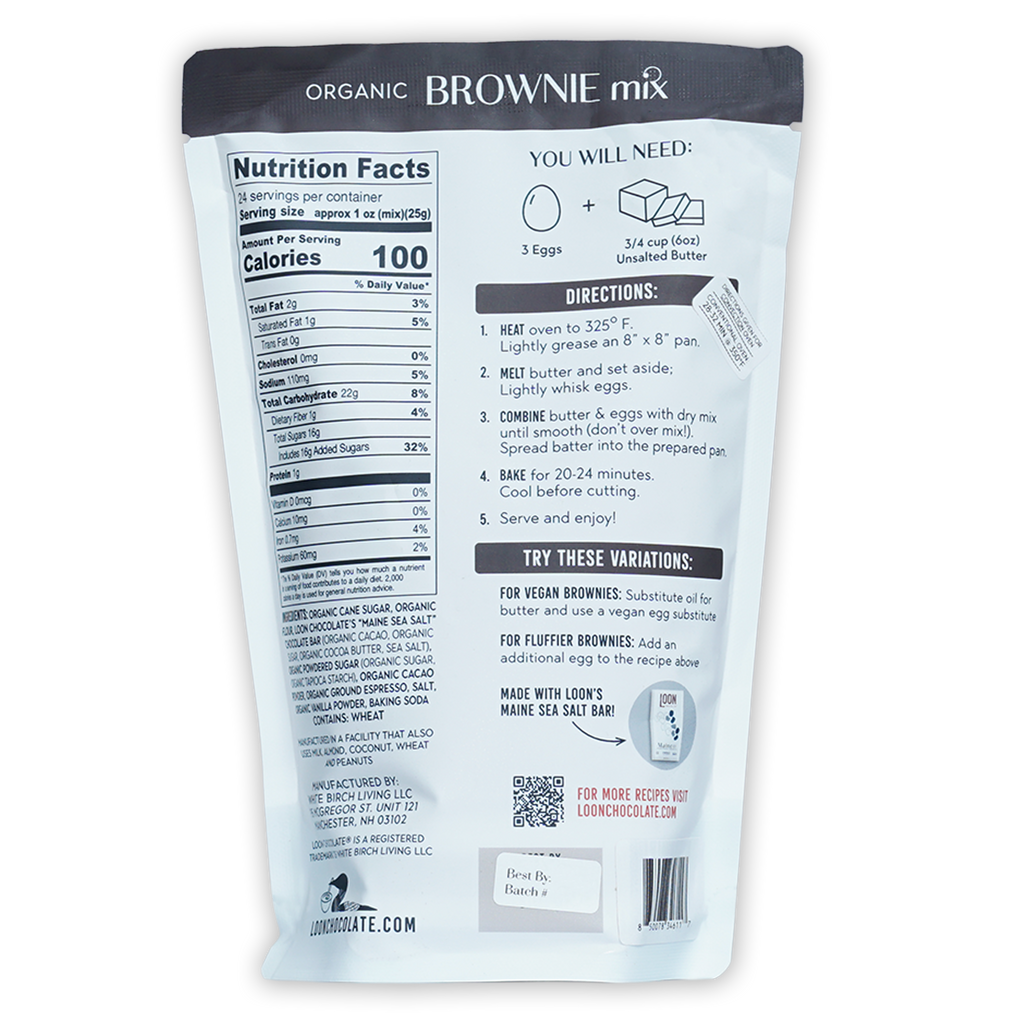 Loon Chocolate Organic Brownie Mix white bag with ingredients and QR code
