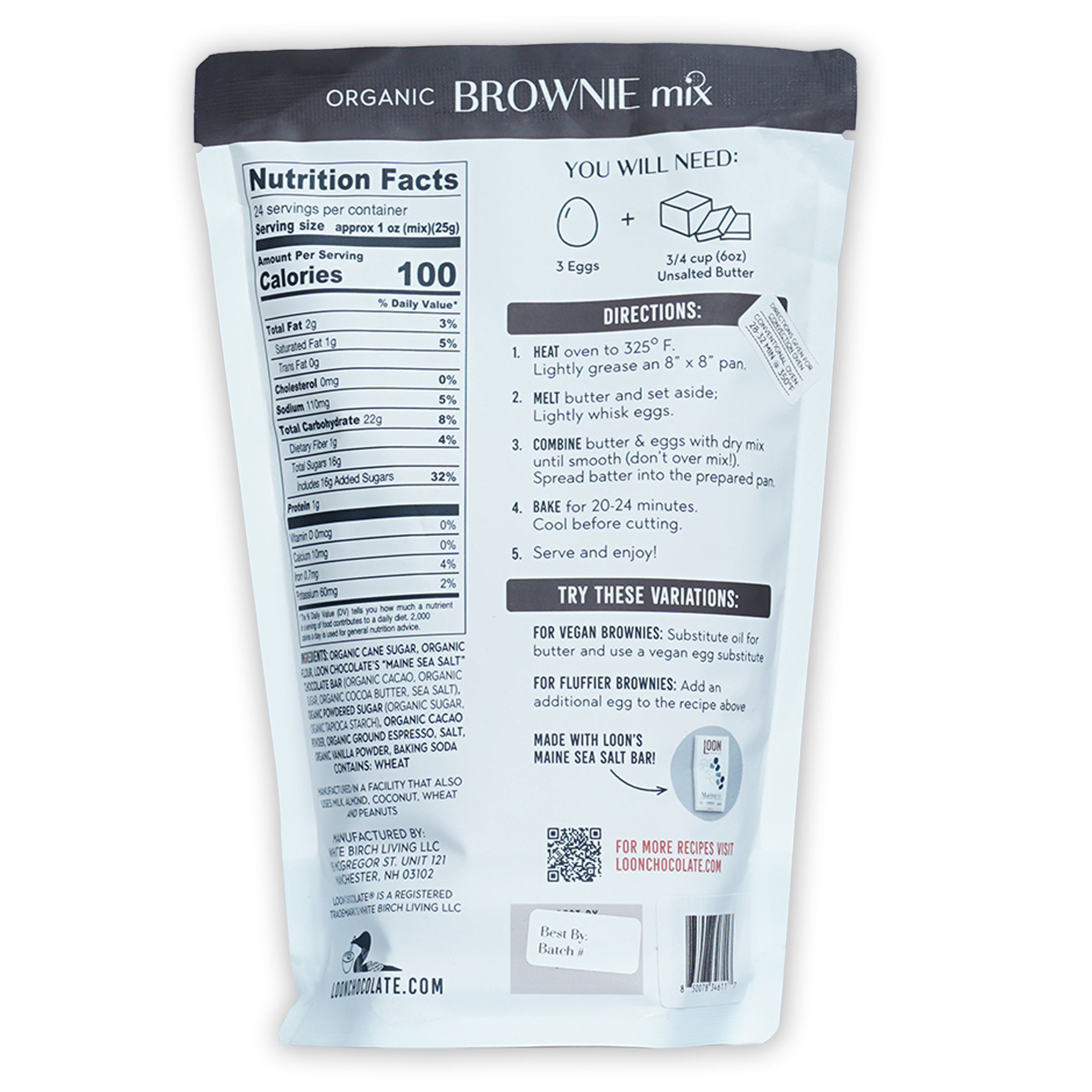 Loon Chocolate Organic Brownie Mix white bag with ingredients and QR code