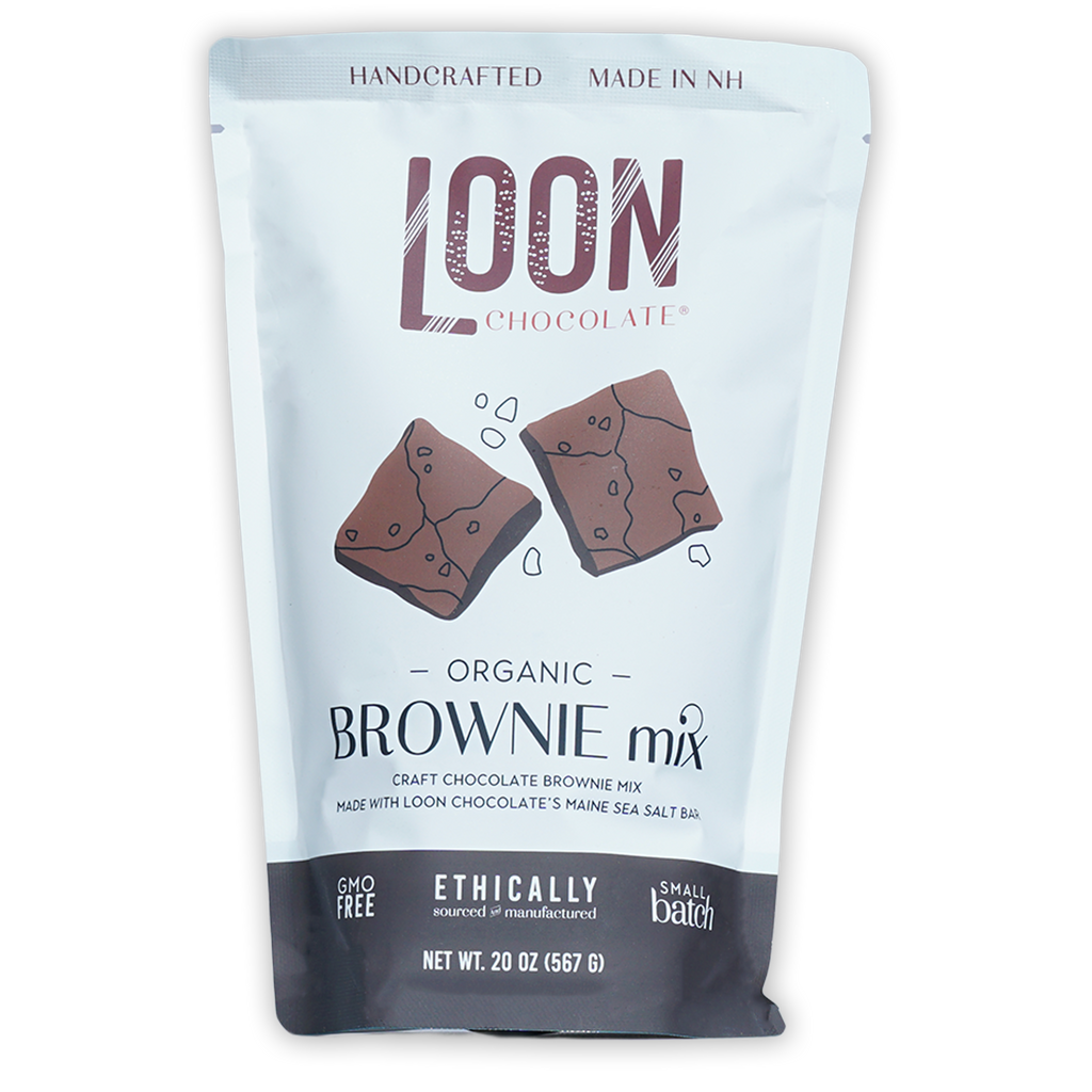 Loon Chocolate organic brownie mix white pouch with Maine sea salt