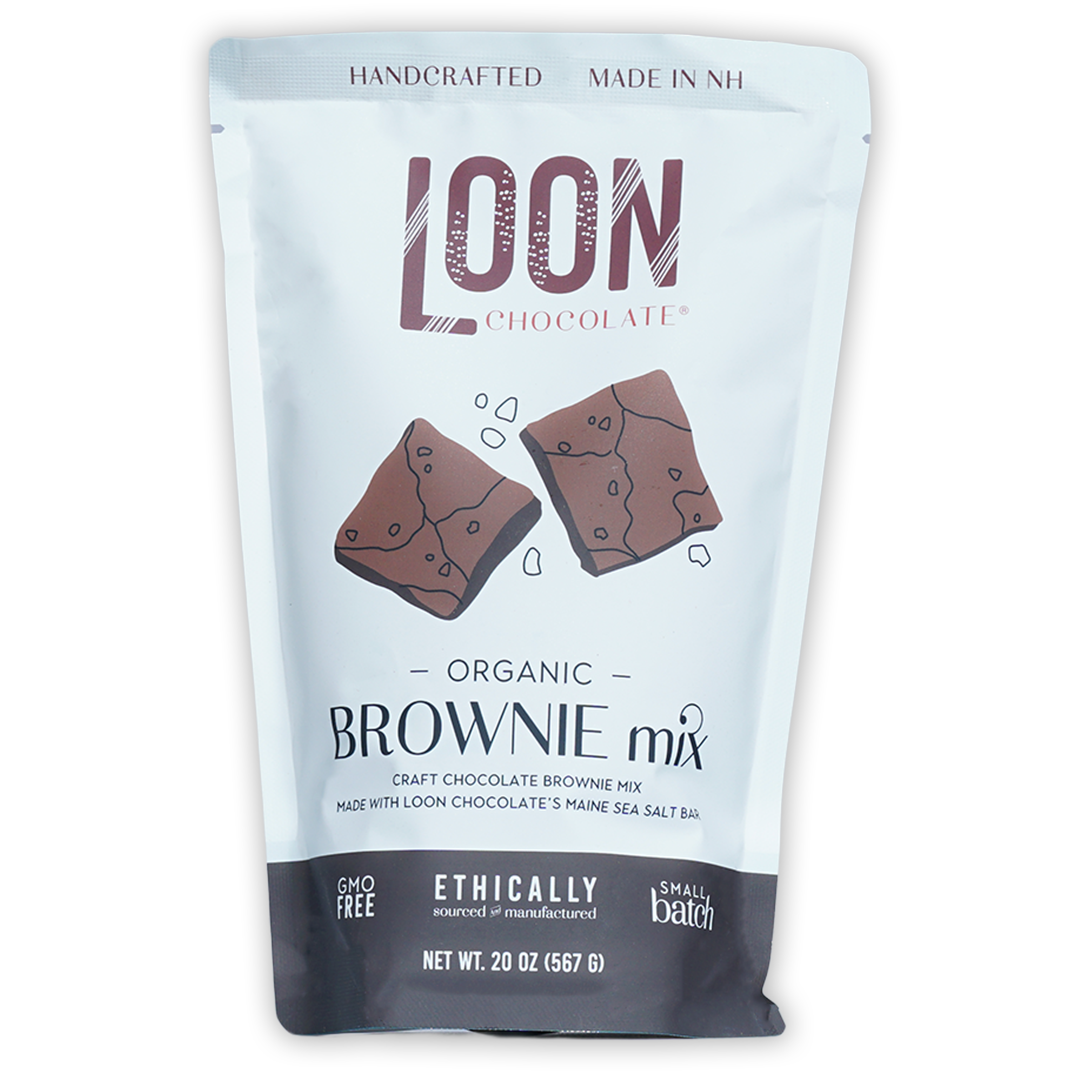 Loon Chocolate organic brownie mix white pouch with Maine sea salt