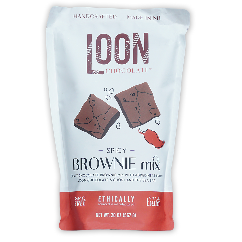 Loon Chocolate Spicy Brownie Mix white red pouch with brownie chili art